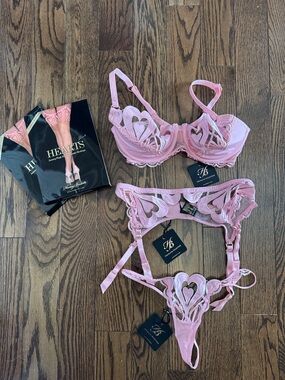 RARE NWT Honey Birdette Pink Hearts Lace Bra, string thong, garter, 2x stockings
